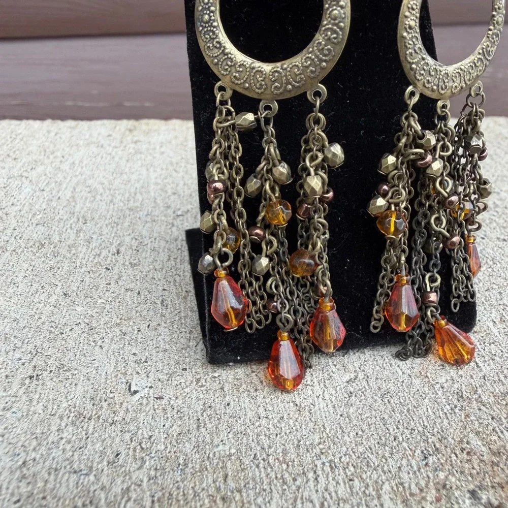 Boho Amber Chandelier Earrings‎ Antique Gold Tone Filigree Dangle Beade